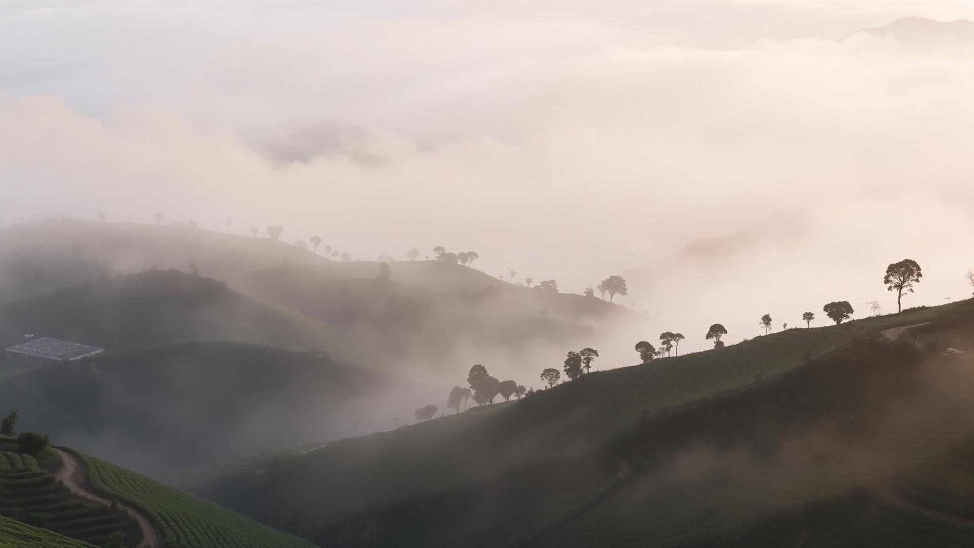 Misty terraced coffee plantation at dawn