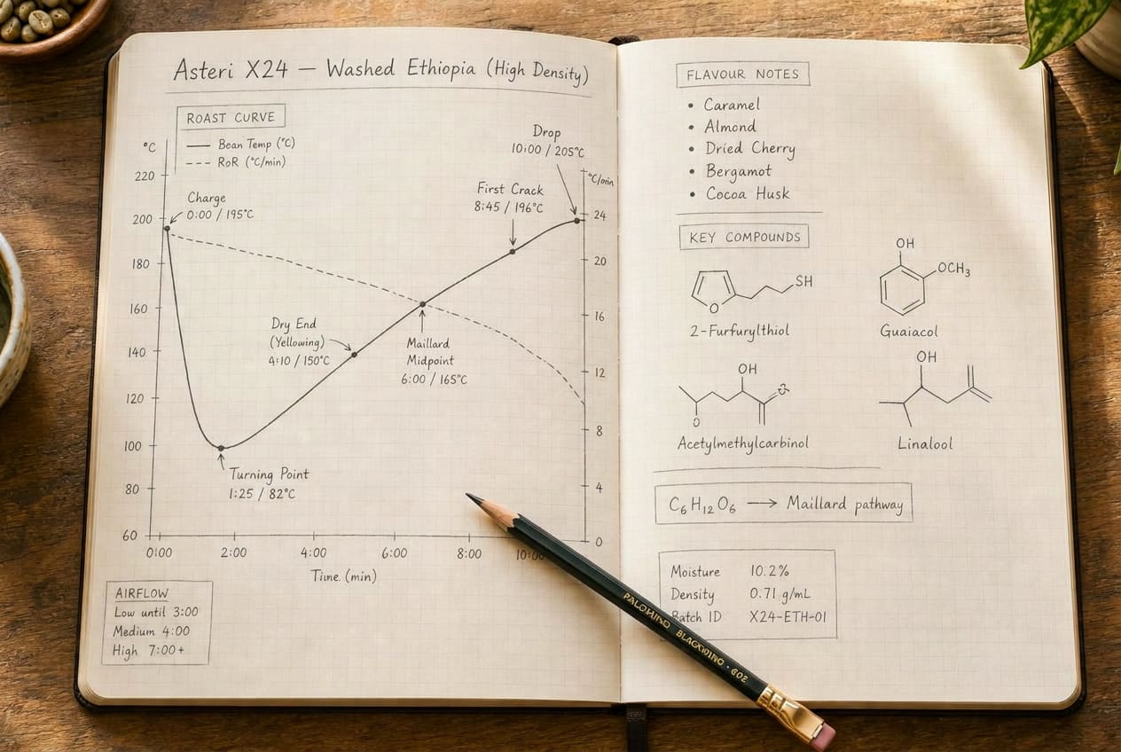 Hand-drawn roast curve in a notebook